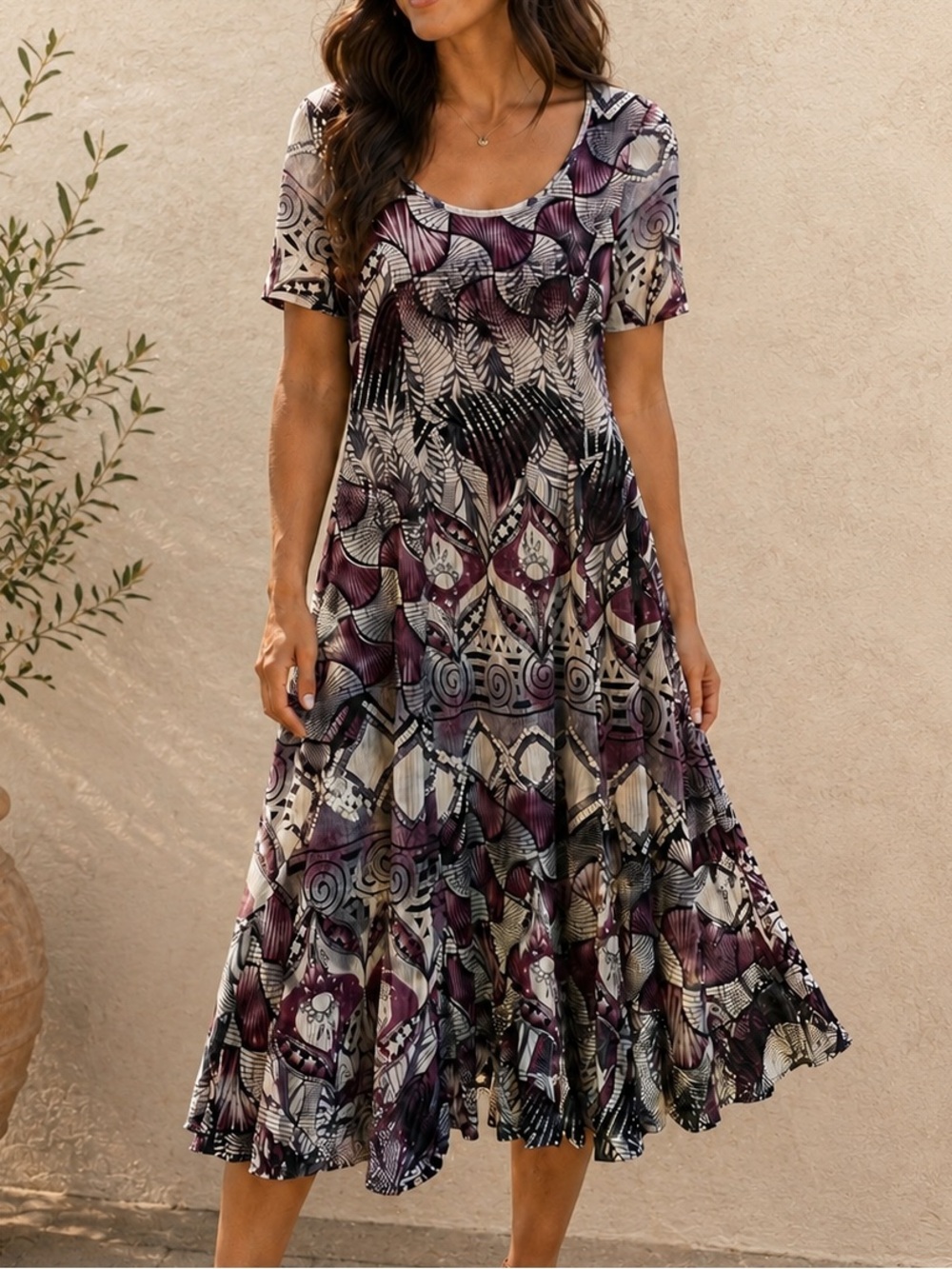Miss Nikky Purple Abstract Print Swing Dress Size 10 Boho Stretch Midi